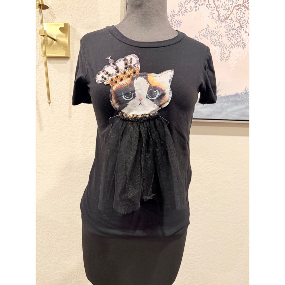 U.O. Black Cat Queen T-Shirt 3D Tulle Tutu Beaded Crown Graphic Tee Medium
